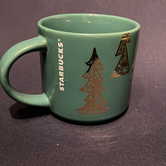 Starbucks Christmas Coffee Mug 2015 Green Gold Trees 14 ounce High Gloss Glass - Picture 2 of 5